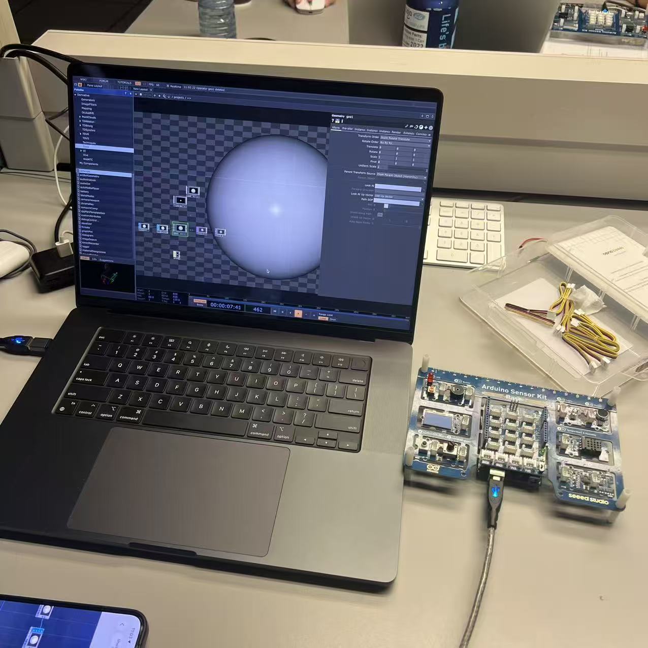 The Arduino Sensor Kit was linked with TouchDesigner to visualize real-time sensor input.