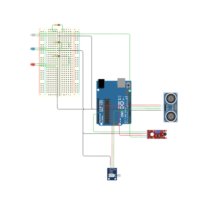 Initial wiring plan showing how all three sensors connect to the Arduino and breadboard.
