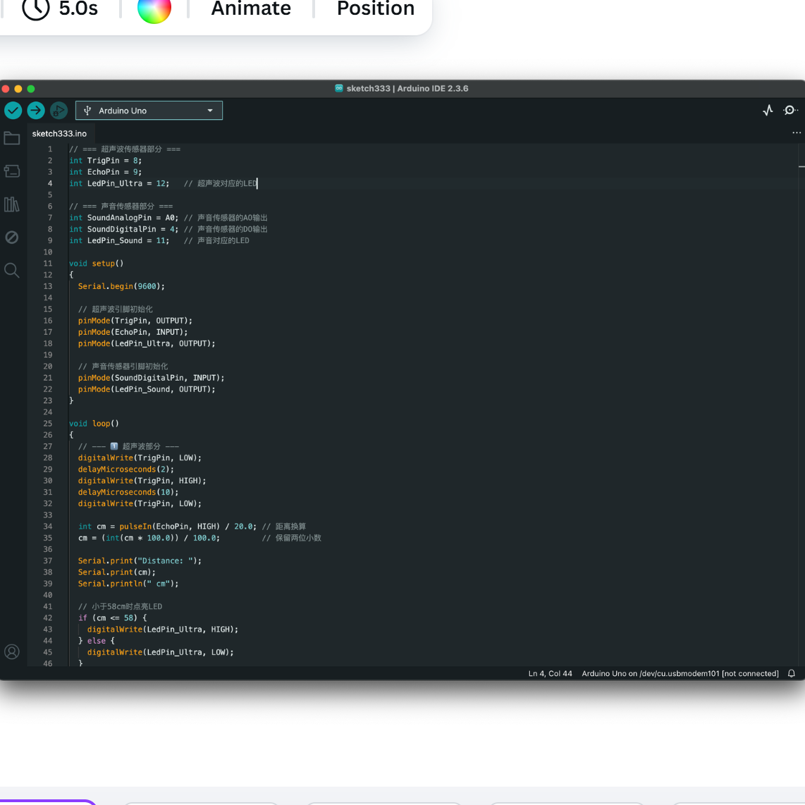 Final code that merges ultrasonic, sound, and heart-rate sensors, with timing and wiring issues fixed.